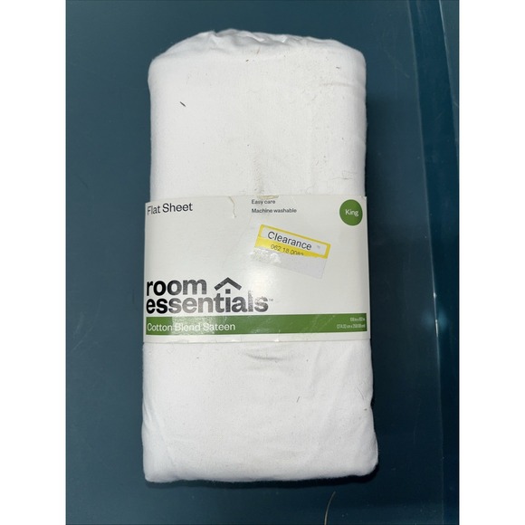 Room Essentials King Size Flat Sheet Cotton Blend Sateen White Open Packaging - Picture 1 of 2